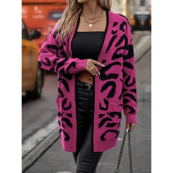 Leopard Print Open Front Knit Cardigan Pink - Picture 5 of 6